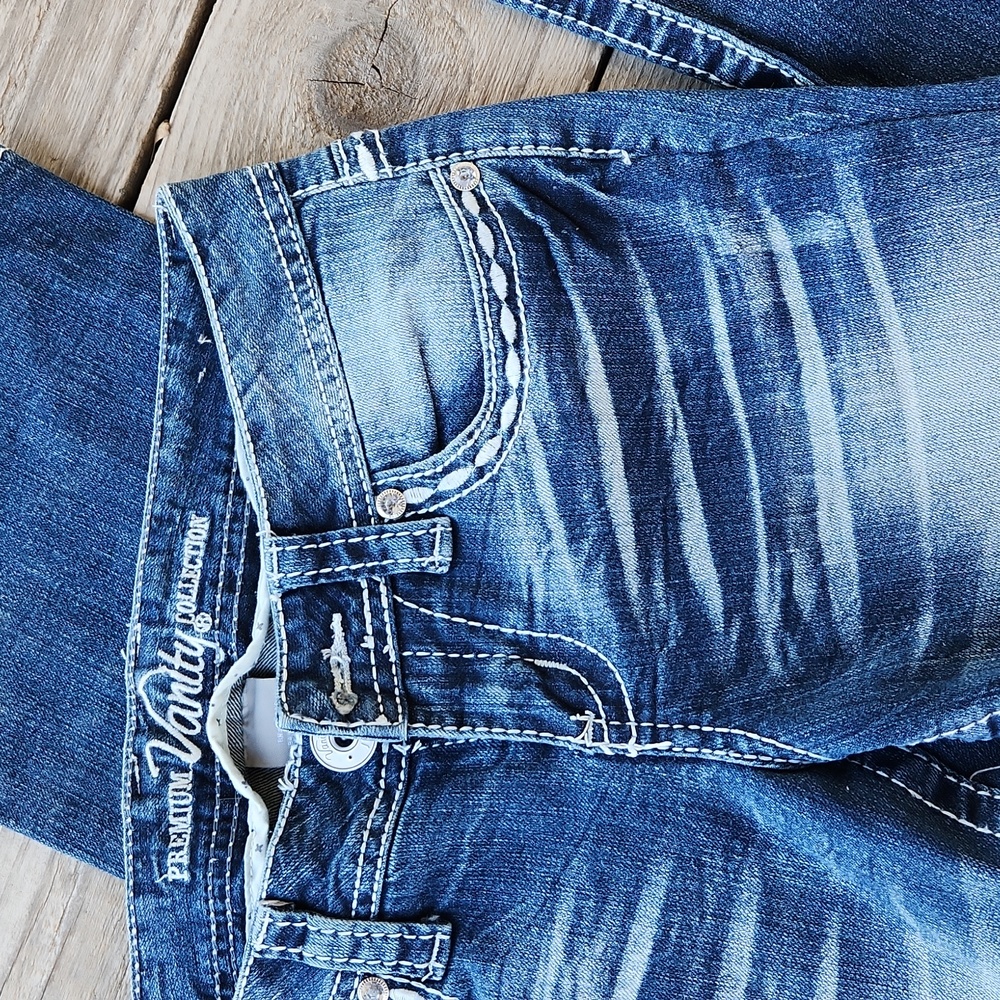 Premium Vanity Size 26 x 33L Original Bootcut Rhinestone Pocket Jeans Dark Wash - Picture 5 of 7